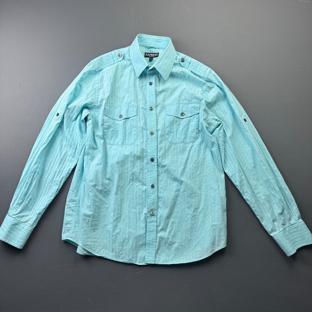 Express Shirt Men's Medium Blue Striped Button Up Preppy Modern Casual Classic